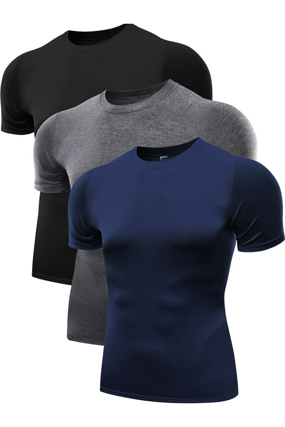 Men's Tight Fitting Shirt Athletic Tops Base Layer Short Sleeves 3 Pack,Black+Gray+Navy Blue,US Size S