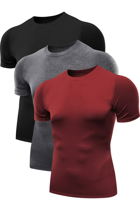 Men's Tight Fitting Shirt Athletic Tops Base Layer Short Sleeves 3 Pack,Black+Gray+Red,US Size 3XL