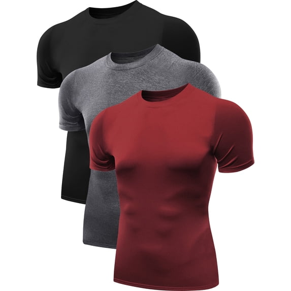 NELEUS Men's Tight Fitting Shirt Athletic Tops Base Layer Short Sleeves 3 Pack,Black+Gray+Red,US Size L