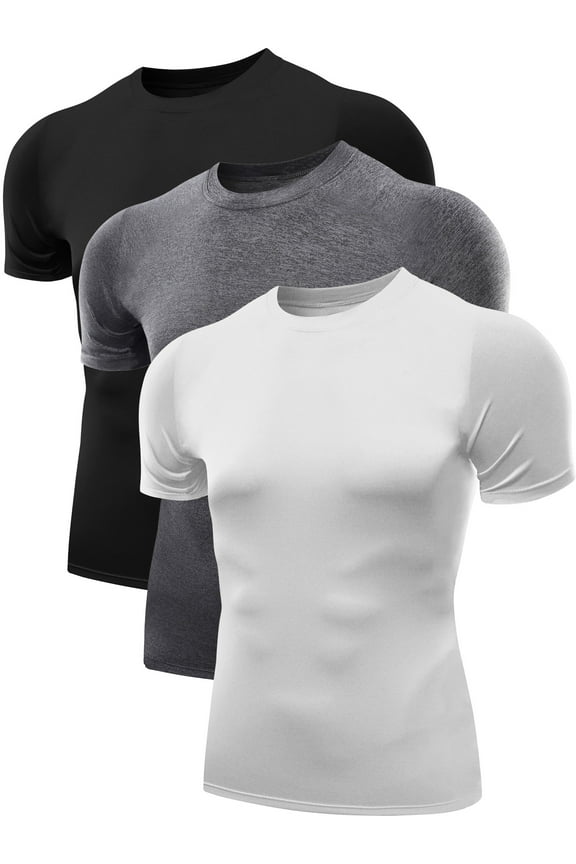 Men's Tight Fitting Shirt Athletic Tops Base Layer Short Sleeves 3 Pack,Black+Gray+White,US Size 3XL