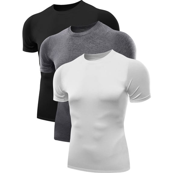 NELEUS Men's Tight Fitting Shirt Athletic Tops Base Layer Short Sleeves 3 Pack,Black+Gray+White,US Size L