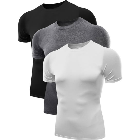 NELEUS Men's Tight Fitting Shirt Athletic Tops Base Layer Short Sleeves 3 Pack,Black+Gray+White,US Size M