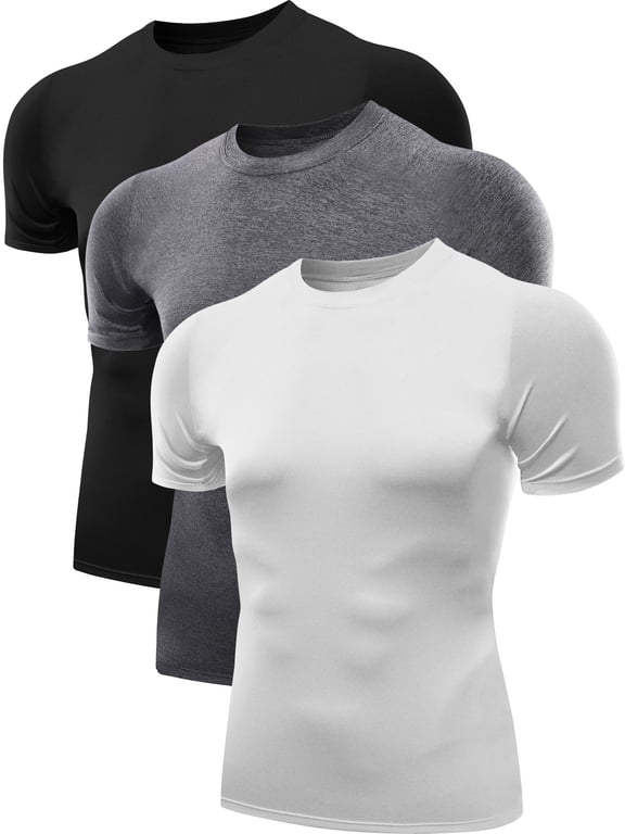 Men's Tight Fitting Shirt Athletic Tops Base Layer Short Sleeves 3 Pack,Black+Gray+White,US Size M