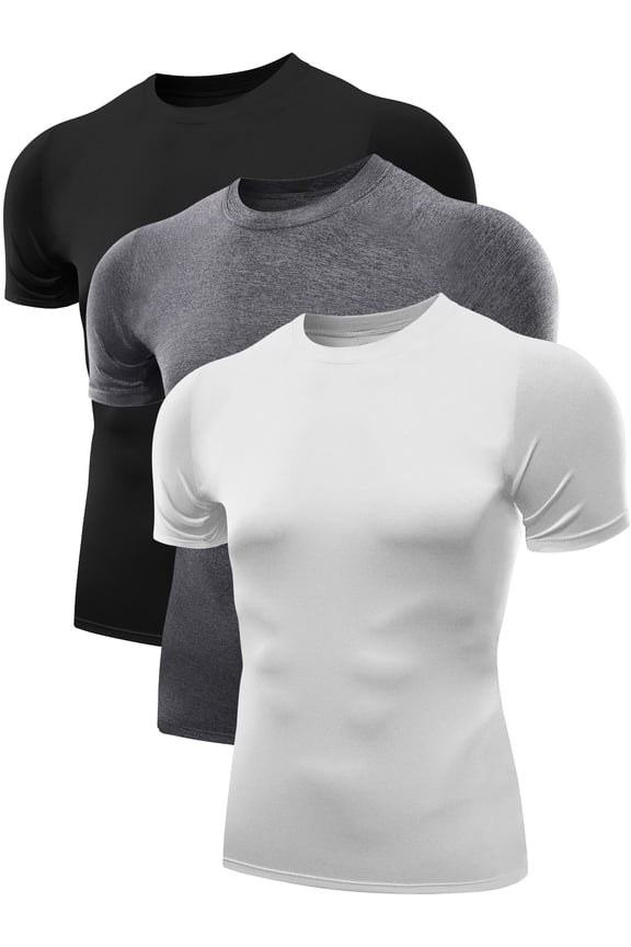 Men's Tight Fitting Shirt Athletic Tops Base Layer Short Sleeves 3 Pack,Black+Gray+White,US Size S
