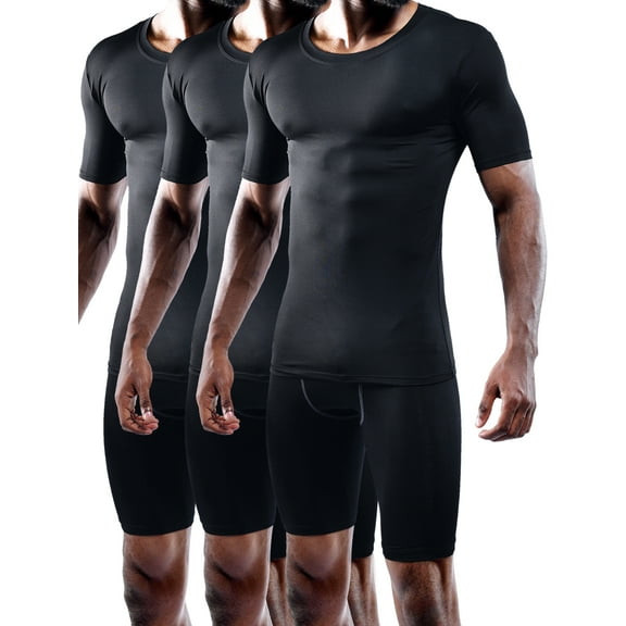 NELEUS Men's Tight Fitting Shirt Athletic Tops Base Layer Short Sleeves 3 Pack,Black,US Size 2XL