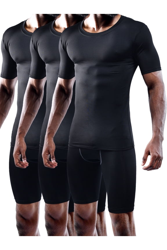 Men's Tight Fitting Shirt Athletic Tops Base Layer Short Sleeves 3 Pack,Black,US Size L