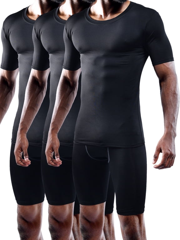 Men's Tight Fitting Shirt Athletic Tops Base Layer Short Sleeves 3 Pack,Black,US Size S