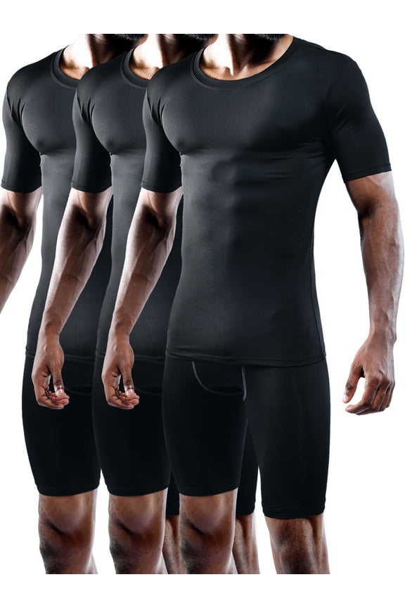 Men's Tight Fitting Shirt Athletic Tops Base Layer Short Sleeves 3 Pack,Black,US Size S
