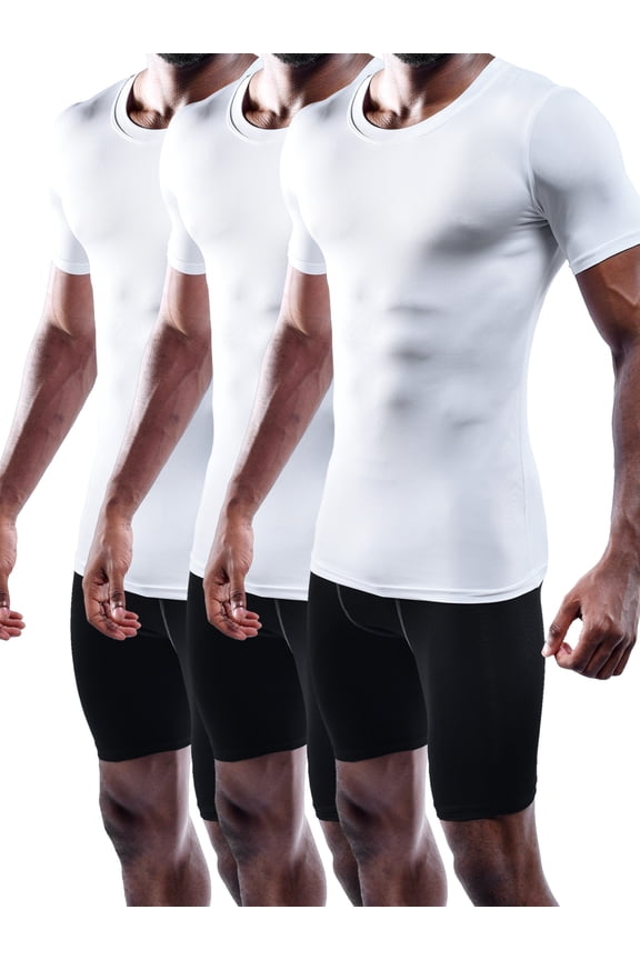 Men's Tight Fitting Shirt Athletic Tops Base Layer Short Sleeves 3 Pack,White,US Size M