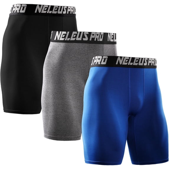 NELEUS Men's Performance Compression Shorts Athletic Workout Underwear 3 Pack,Black+Gray+Blue,US Size M