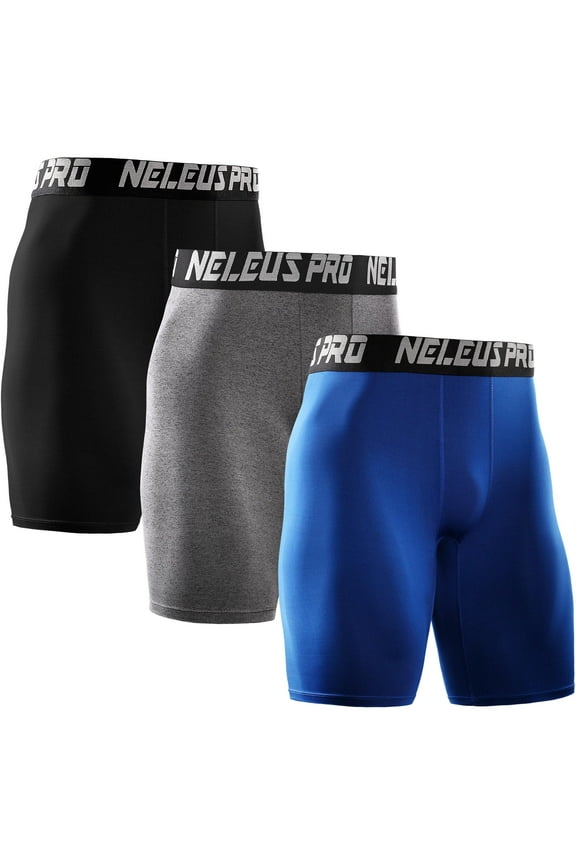 Men's Performance Compression Shorts Athletic Workout Underwear 3 Pack,Black+Gray+Blue,US Size S
