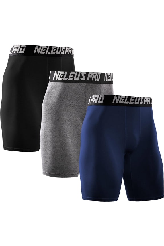 Men's Performance Compression Shorts Athletic Workout Underwear 3 Pack,Black+Gray+Navy Blue,US Size S