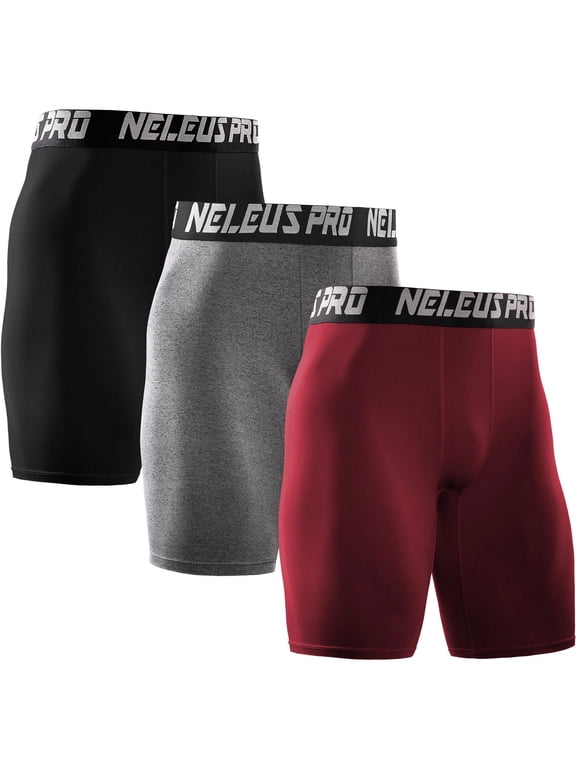 Men's Performance Compression Shorts Athletic Workout Underwear 3 Pack,Black+Gray+Red,US Size L