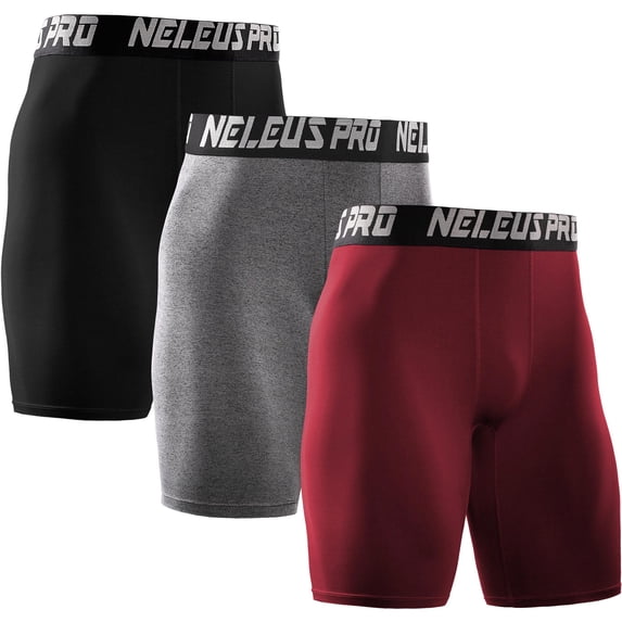 NELEUS Men's Performance Compression Shorts Athletic Workout Underwear 3 Pack,Black+Gray+Red,US Size M