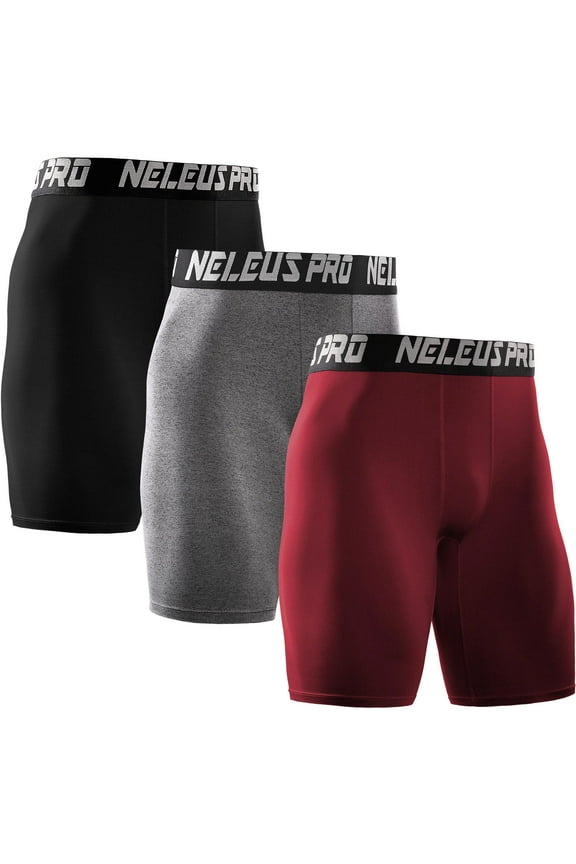 Men's Performance Compression Shorts Athletic Workout Underwear 3 Pack,Black+Gray+Red,US Size S