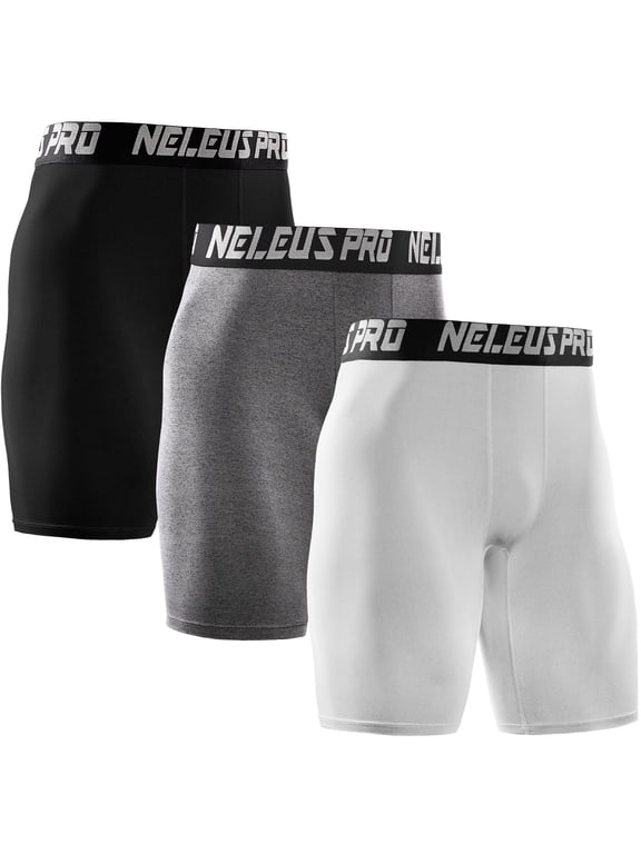 Men's Performance Compression Shorts Athletic Workout Underwear 3 Pack,Black+Gray+White,US Size L