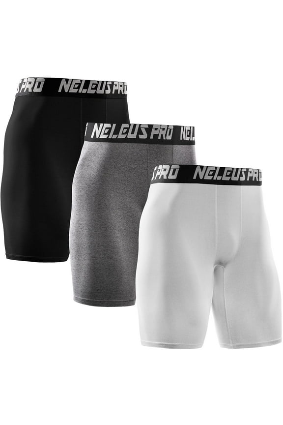 Men's Performance Compression Shorts Athletic Workout Underwear 3 Pack,Black+Gray+White,US Size L