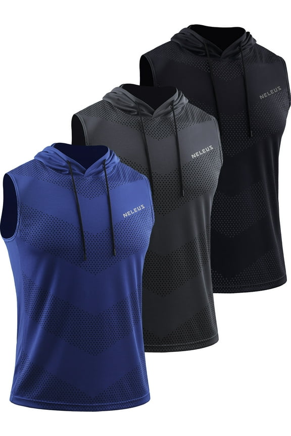 Men's Workout Tank Tops with Hoodie Sleeveless Running Muscle Shirts 3 Pack,Black+Gray+Blue,US Size S