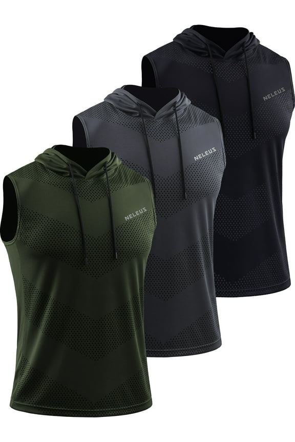 Men's Workout Tank Tops with Hoodie Sleeveless Running Muscle Shirts 3 Pack,Black+Gray+Olive Green,US Size L