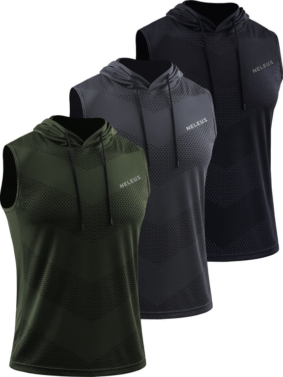 Men's Workout Tank Tops with Hoodie Sleeveless Running Muscle Shirts 3 Pack,Black+Gray+Olive Green,US Size XL