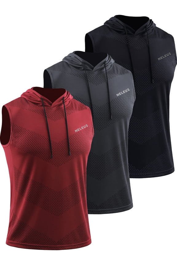 Mens Plus Size Workout Tank Tops with Hoodie Sleeveless Running Muscle Shirts 3 Pack,Black+Gray+Red,US Size 3XL