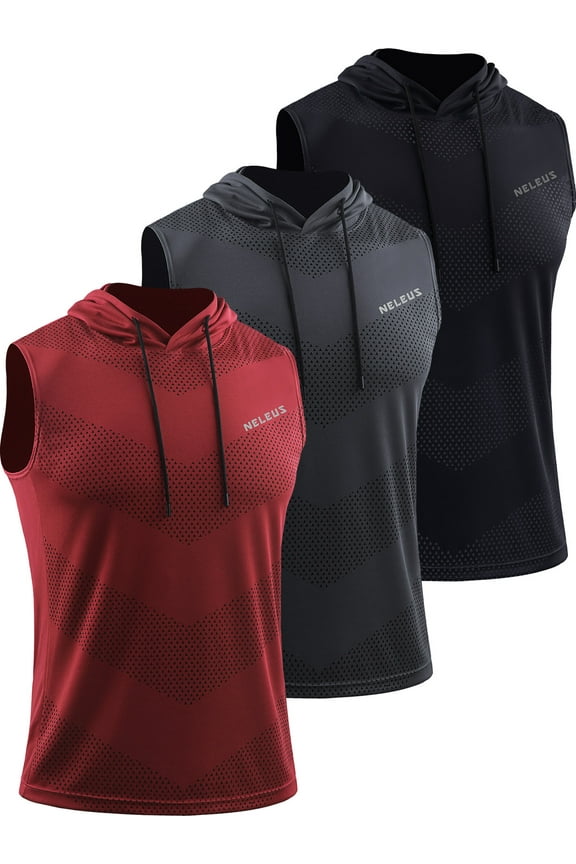 Men's Workout Tank Tops with Hoodie Sleeveless Running Muscle Shirts 3 Pack,Black+Gray+Red,US Size L