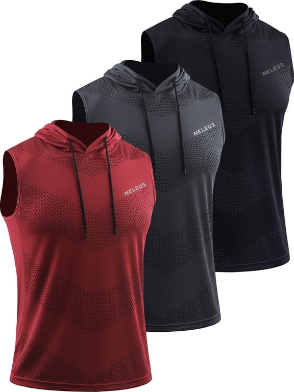 Men's Workout Tank Tops with Hoodie Sleeveless Running Muscle Shirts 3 Pack,Black+Gray+Red,US Size L