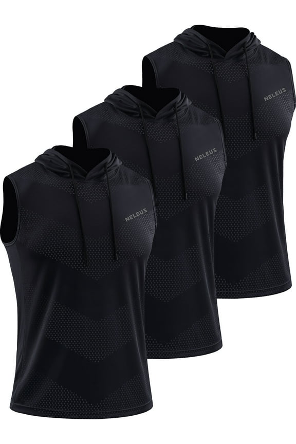 Men's Workout Tank Tops with Hoodie Sleeveless Running Muscle Shirts 3 Pack,Black,US Size L