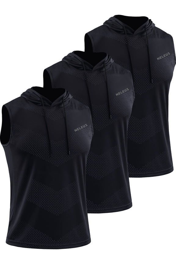 Men's Workout Tank Tops with Hoodie Sleeveless Running Muscle Shirts 3 Pack,Black,US Size M