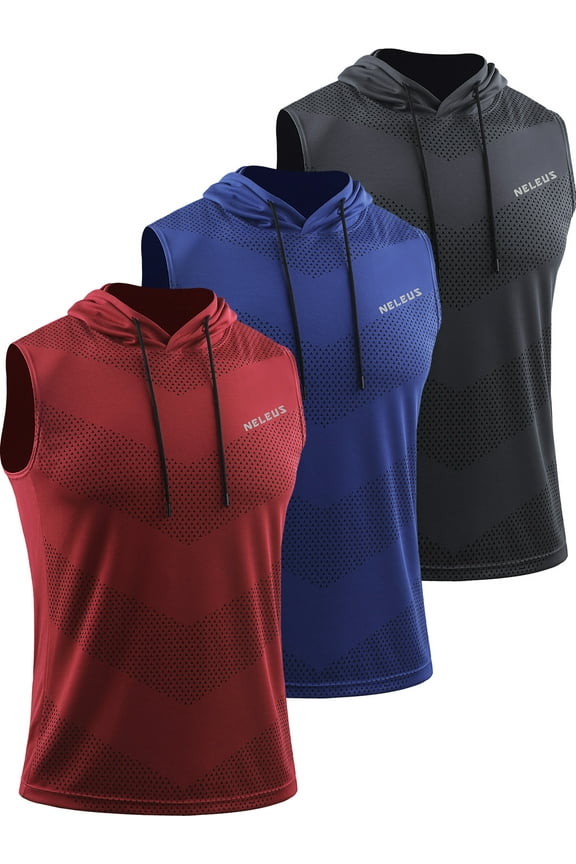 Men's Workout Tank Tops with Hoodie Sleeveless Running Muscle Shirts 3 Pack,Gray+Blue+Red,US Size 2XL