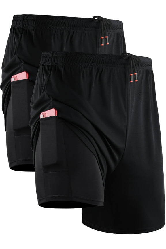 Mens 2 in 1 Dry Fit Workout Shorts with Liner and Pockets 2 Packs,Black+Black,US Size L