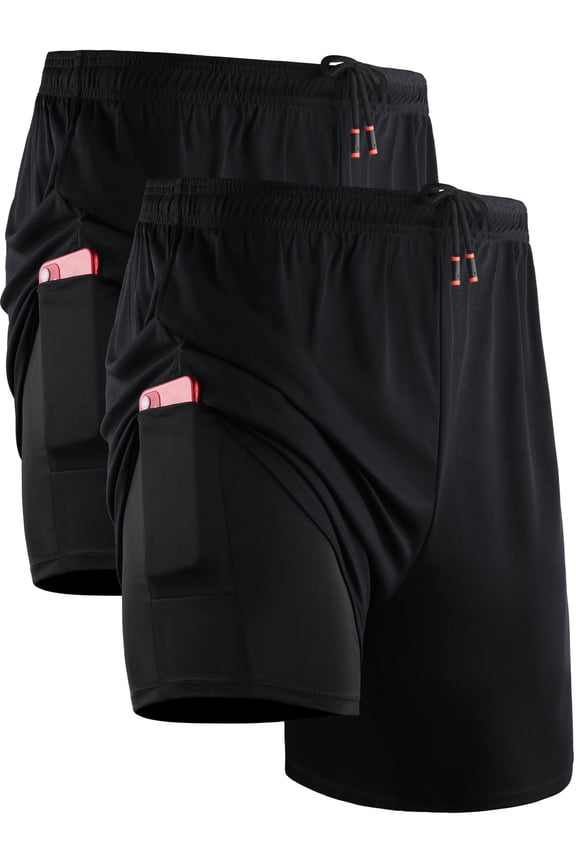 Mens 2 in 1 Dry Fit Workout Shorts with Liner and Pockets 2 Packs,Black+Black,US Size XL