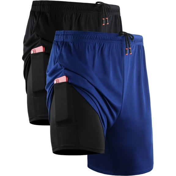 NELEUS Mens 2 in 1 Dry Fit Workout Shorts with Liner and Pockets 2 Packs,Black+Blue,US Size L