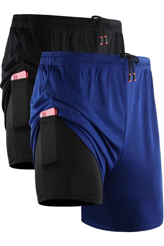 Mens 2 in 1 Dry Fit Workout Shorts with Liner and Pockets 2 Packs,Black+Blue,US Size XL