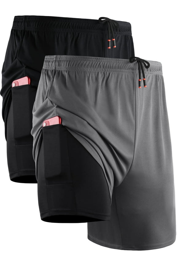 Mens 2 in 1 Dry Fit Workout Shorts with Liner and Pockets 2 Packs,Black+Gray,US Size M
