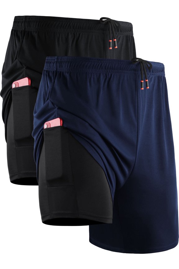 Mens Plus Size 2 in 1 Dry Fit Workout Shorts with Liner and Pockets 2 Packs,Black+Navy Blue,US Size 3XL