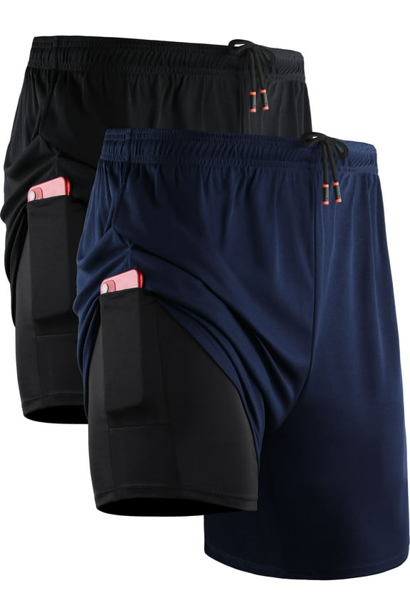 Mens 2 in 1 Dry Fit Workout Shorts with Liner and Pockets 2 Packs,Black+Navy Blue,US Size S