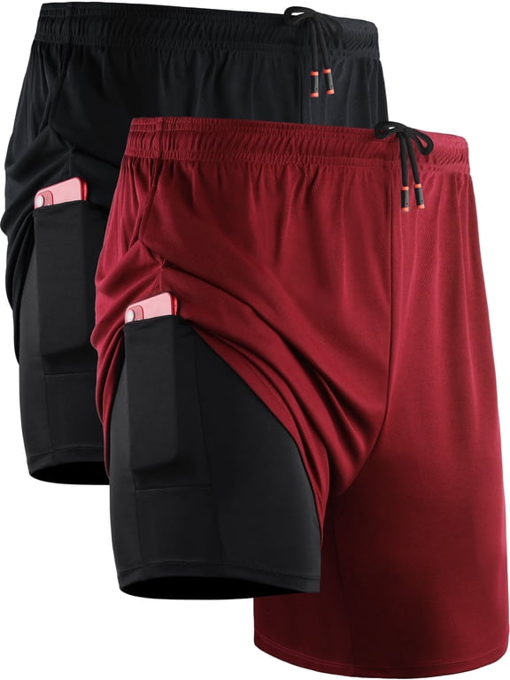 Mens 2 in 1 Dry Fit Workout Shorts with Liner and Pockets 2 Packs,Black+Red,US Size S
