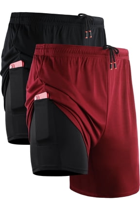 Mens 2 in 1 Dry Fit Workout Shorts with Liner and Pockets 2 Packs,Black+Red,US Size S