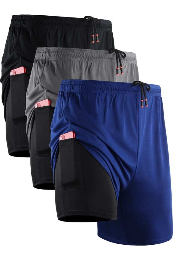 Mens Plus Size 2 in 1 Dry Fit Workout Shorts with Liner and Pockets 3 Packs,Black+Gray+Blue,US Size 2XL