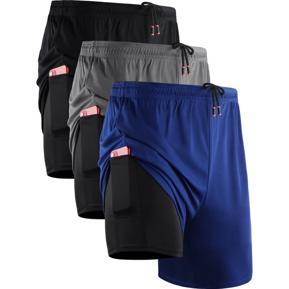 NELEUS Mens Plus Size 2 in 1 Dry Fit Workout Shorts with Liner and Pockets 3 Packs,Black+Gray+Blue,US Size 2XL