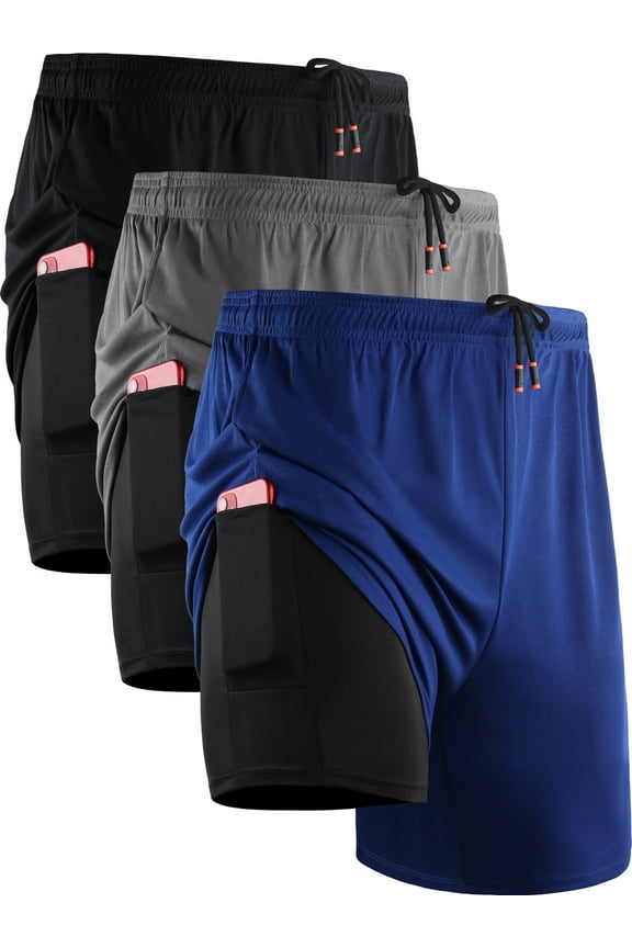 Mens 2 in 1 Dry Fit Workout Shorts with Liner and Pockets 3 Packs,Black+Gray+Blue,US Size L