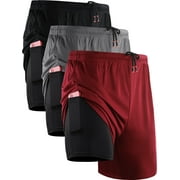 Mens Plus Size 2 in 1 Dry Fit Workout Shorts with Liner and Pockets 3 Packs,Black+Gray+Red,US Size 2XL