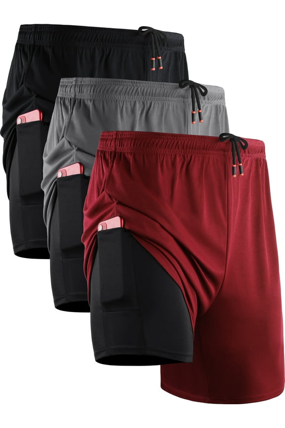 Mens 2 in 1 Dry Fit Workout Shorts with Liner and Pockets 3 Packs,Black+Gray+Red,US Size L