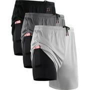 NELEUS Mens 2 in 1 Dry Fit Workout Shorts with Liner and Pockets 3 Packs,Black+Gray+White,US Size L