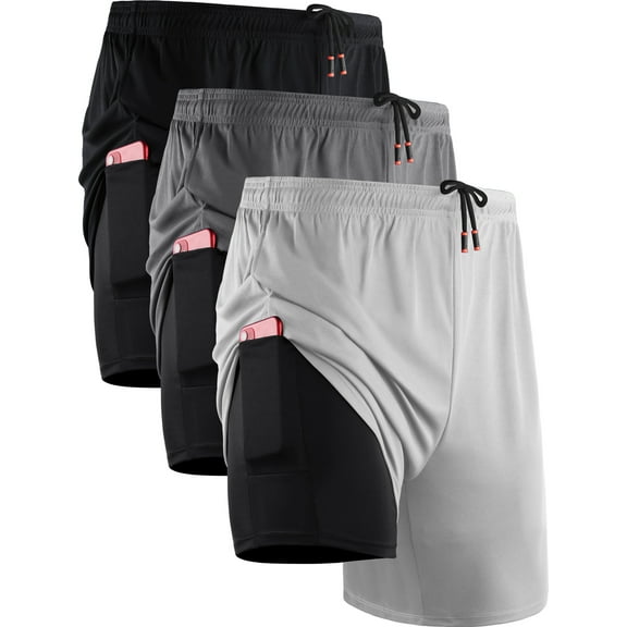 NELEUS Mens 2 in 1 Dry Fit Workout Shorts with Liner and Pockets 3 Packs,Black+Gray+White,US Size M