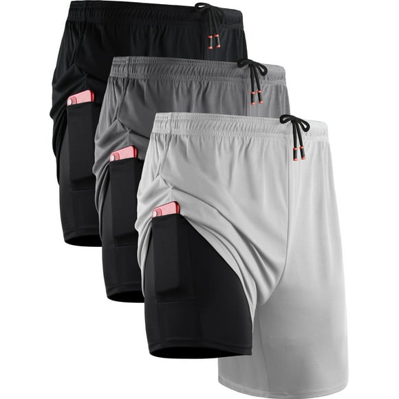 NELEUS Mens 2 in 1 Dry Fit Workout Shorts with Liner and Pockets 3 Packs,Black+Gray+White,US Size S