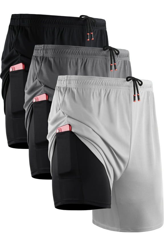 Mens 2 in 1 Dry Fit Workout Shorts with Liner and Pockets,Black+Gray+White,US Size 2XL