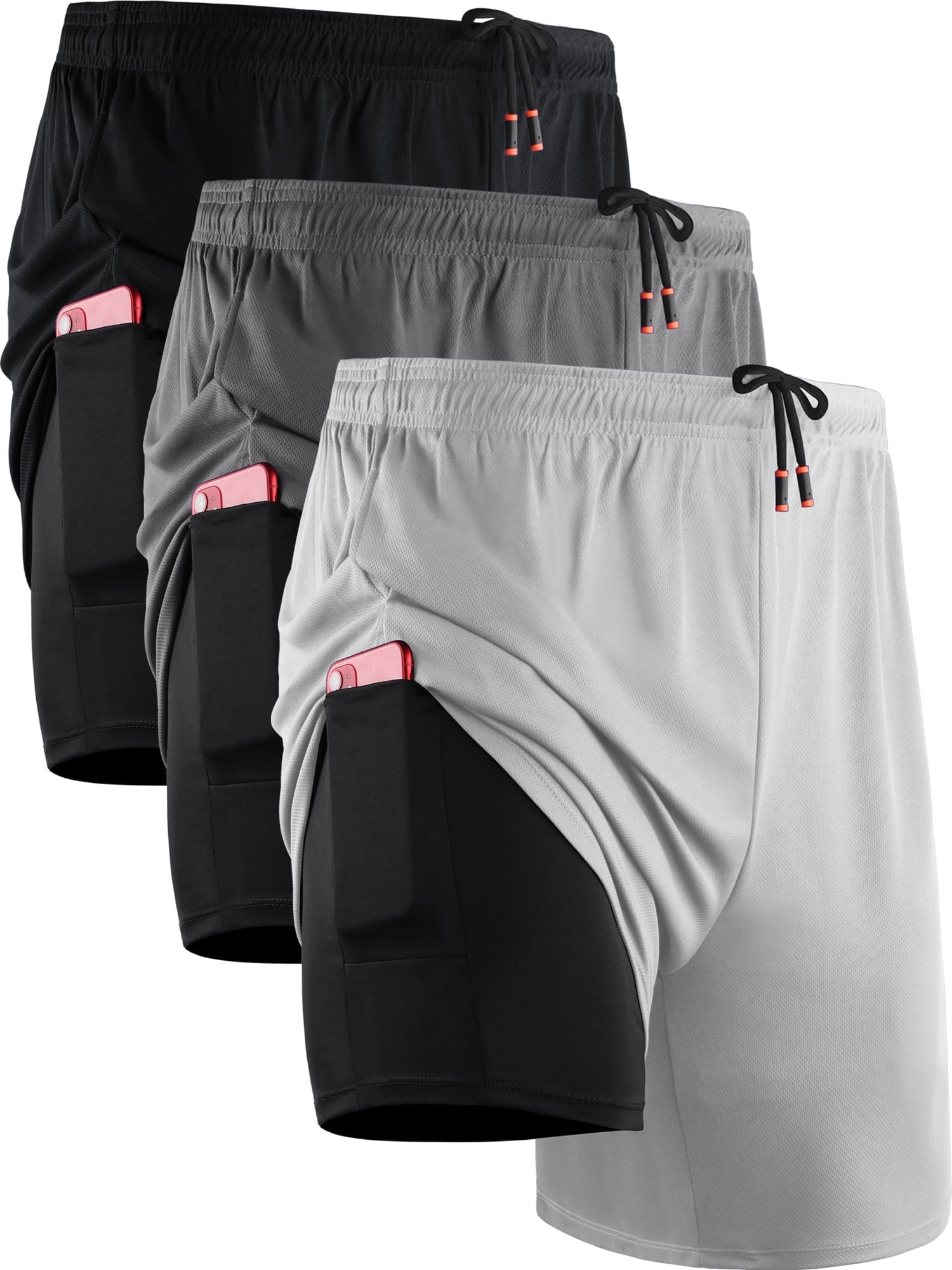 NELEUS Mens 2 in 1 Dry Fit Workout Shorts with Liner and Pockets,Black+Gray+White,US Size 2XL