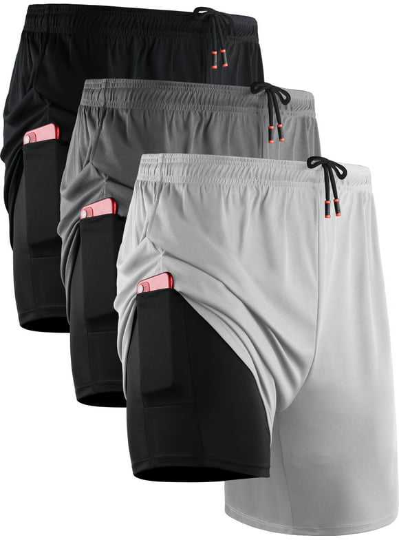 NELEUS Mens 2 in 1 Dry Fit Workout Shorts with Liner and Pockets,Black+Gray+White,US Size S
